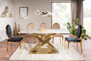 MASA DINING 160 CM, EFECT DE MARMURA ALBA/AURIU, BLAT DIN CERAMICA SI PICIOARE DIN METAL , STIL MODERN