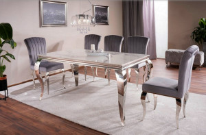 MASA DINING EFECT DE MARMURA ALBA/CROM, 180 CM, BLAT DIN CERAMICA SI METAL, STIL MODERN