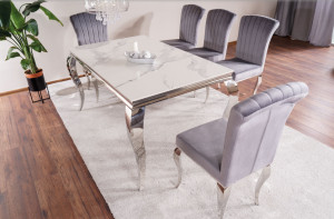 MASA DINING EFECT DE MARMURA ALBA/CROM, 180 CM, BLAT DIN CERAMICA SI METAL, STIL MODERN - Img 7