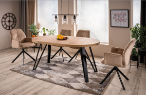 MASA DINING EXTENSIBILA 100/168 CM, STEJAR ARTISAN/NEGRU, BLAT DIN PAL LAMINAT SI PICIOARE DIN METAL, STIL MODERN