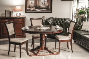 MASA DINING EXTENSIBILA, 90/125 CM, NUC INCHIS, BLAT DIN MDF SI PICIOARE DIN LEMN, STIL CLASIC - Img 3