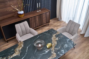 MASA DINING EXTENSIBILA ARMANI NEGRU/ NEGRU CU ASPECT DE MARMURA, 165/241 CM, BLAT DIN MARMURA SINTETICA SI PICIOR DIN METAL, STIL MODERN - Img 2