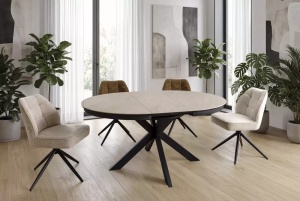 MASA DINING EXTENSIBILA CERAMIC, 120/160 CM, BEJ LUCIOS/NEGRU MAT, CONFECTIONATA DN METAL, CERAMICA SI STICLA SECURIZATA
