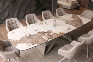 MASA DINING EXTENSIBILA INFINITY 180-220-260CM, REALIZATA DIN METAL SI BLAT DIN STICLA SI CERAMICA, CULOARE MARMURA/SAMPANIE - Img 9