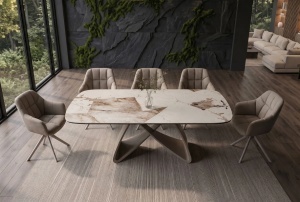 MASA DINING EXTENSIBILA INFINITY 180-220-260CM, REALIZATA DIN METAL SI BLAT DIN STICLA SI CERAMICA ITALIANA, CULOARE MARO-ALB/SAMPANIE - Img 7