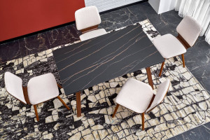 MASA DINING EXTENSIBILA LOZANO, CU ASPECT DE MARMURA NEAGRA/NUC, 140/200 CM, DIN PIATRA SINTETIZATA SI METAL, STIL MODERN - Img 3