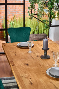MASA DINING EXTENSIBILA MASSIVE, STEJAR/NEGRU, 160/250 CM, BLAT DIN FURNIR NATURAL SI PICIOARE DIN METAL, STIL VINTAGE - Img 5