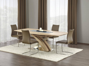 MASA DINING EXTENSIBILA SANDOR, STEJAR SONOMA/CROM, 160/220 CM, BLAT DIN MDF SI PICIOARE DIN METAL, STIL MODERN