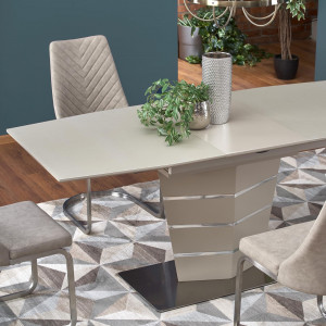 MASA DINING EXTENSIBILA SORENTO, BEJ MAT/CROM, 140/180 CM, BLAT DIN STICLA, MDF SI PICIOR DIN METAL, STIL MODERN - Img 2