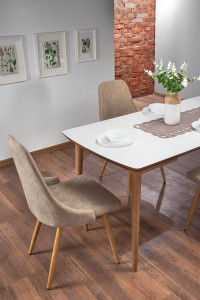 MASA DINING EXTENSIBILA STIL BARRET, ALB/STEJAR LEFKAS, 90/190 CM, BLAT DIN MDF SI PICIOARE DIN LEMN MASIV, STIL CLASIC - Img 5