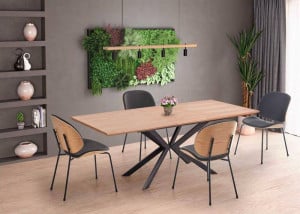 MASA DINING EXTENSIBILA STIL LEGARTO, STEJAR NATURAL/NEGRU, 160/200 CM, BLAT DIN MDF SI PICIOARE DIN METAL, STIL MODERN