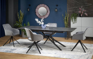 MASA DINING EXTENSIBILA STIL VITORINO, 160 CM, EFECT DE MARMURA NEAGRA/NEGRU, DIN MARMURA SI METAL, STIL MODERN