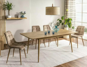 MASA DINING EXTENSIBILA TIMBER, 160/200 CM, STEJAR, BLAT DIN MDF, FURNIR SI PICIOARE DIN METAL, STIL MODERN - Img 1