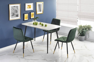 MASA DINING MARCO, CU EFECT DE MARMURA ALBA/NEGRU, 120 CM, BLAT DIN STICLA, MDF SI PICIOARE DIN METAL, STIL MODERN
