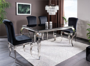 MASA DINING, NEGRU/CROM, 150 CM, BLAT DIN STICLA SECURIZATA SI METAL, STIL MODERN