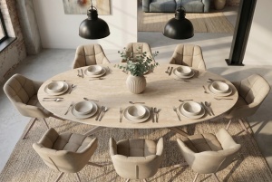 MASA DINING OVALA, TRAVERTIN 220CM, REALIZATA DIN CERAMICA SI METAL, CULOARE GRI SAMPANIE, INVICTA INTERIOR - Img 10