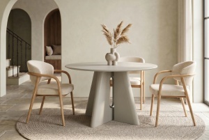 MASA DINING ROTUNDA ORGANIKO 120CM, REALIZATA DIN MATERIAL LEMNOS, MDF, CULOARE BEJ/GRI, INVICTA INTERIOR - Img 5