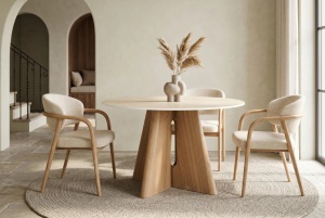 MASA DINING ROTUNDA ORGANIKO 120CM, REALIZATA DIN MATERIAL LEMNOS, FURNIR SI BLAT CERAMIC, CULOARE MARMURA BEJ/STEJAR, INVICTA INTERIOR - Img 5