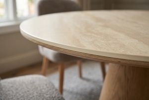 MASA DINING ROTUNDA UNIQUE 120CM, REALIZATA DIN MATERIAL LEMNOS, FURNIR SI BLAT CERAMIC, CULOARE MARMURA BEJ/STEJAR, INVICTA INTERIOR - Img 5