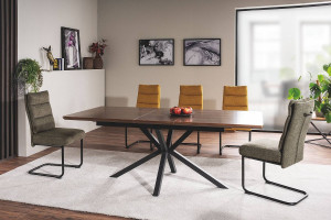 MASA EXTENSIBILA 160/200 CM, NUC/NEGRU MAT, BLAT DIN MDF SI PICIOARE DIN METAL, STIL MODERN