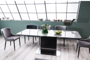 MASA EXTENSIBILA, 160/210 CM, EFECT DE MARMURA GRI/NEGRU MAT, DIN CERAMICA, MDF SI METAL, STIL MODERN - Img 3