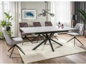 MASA EXTENSIBILA ALPINE, 160/200 CM, EFECT DE MARMURA ALBA/NEGRU MAT, DIN MDF, CERAMICA SI METAL, STIL MODERN