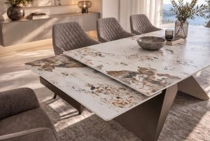 MASA EXTENSIBILA DINING DIAMOND 180/220/260CM, REALIZATA DIN METAL SI CERAMICA PANDORA, CU ASPECT DE MARMURA ALB/MARO SI CULOARE BRONZ - Img 8