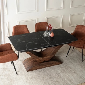 MASA EXTENSIBILA DOLCE, ARTIM MEBLE 160/200CM, BLAT DIN CERAMICA SI FURNIR, CULOARE MARMURA NEAGRA/NUC, STIL MODERN - Img 3