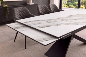 MASA EXTENSIBILA EUPHORIA 180-260CM, REALIZATA DIN METAL SI BLAT STICLA SI CERAMICA, DE CULOARE MARMURA - Img 8