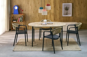 MASA EXTENSIBILA STIL PIVOT, 102/142 CM, STEJAR ARTISAN/NEGRU, DIN PAL LAMINAT SI LEMN MASIV DE FAG, STIL MODERN