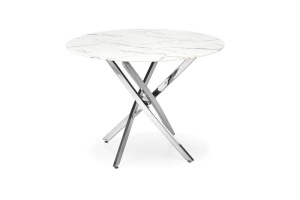 MASA LIVING RAYMOND 3, EFECT DE MARMURA ALBA/CROM, 100 CM, BLAT DIN STICLA SI PICIOARE DIN METAL, STIL MODERN - Img 5