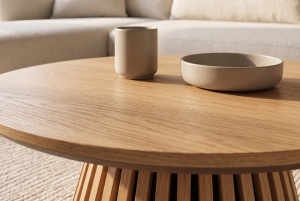 MASUTA DE CAFEA ROTUNDA VALHALLA 70CM, REALIZATA DIN LEMN DE STEJAR SI BLATUL DIN MDF SI FURNIR STEJAR, CULOARE NATUR - Img 8