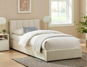 PAT DORMITOR STIL MONTREAL, CU SPATIU DE DEPOZITARE, 90 CM, BEJ DESCHIS BLUVEL 22, TAPITERIE DIN CATIFEA, STIL MODERN