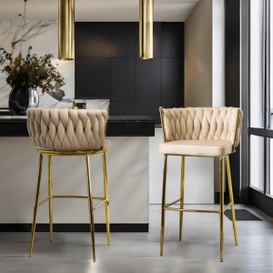 SCAUN BAR, ARTIM MEBLE, REALIZAT DIN CATIFEA SI METAL, CULOARE CREM/AURIU, STIL MODERN