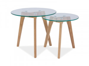 SET 2 MASUTE DE CAFEA OSLO S2, 40/50 CM, TRANSPARENT/STEJAR, BLAT DIN STICLA SECURIZATA SI CADRU DIN METAL, FURNIR NATURAL, STIL MODERN