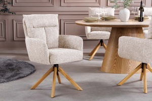 Set 2 Scaune Big George, rotativ la 360° cu revenire automată, husă din material textil structurat, culoarea gri șampanie, cu cadru din lemn de stejar - Img 3