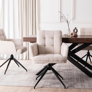 SET 4 SCAUNE ROTATIVE, ARTIM MEBLE, REALIZAT DIN MATERIAL CATIFEA RAIAT CREM SI METAL, STIL MODERN - Img 2