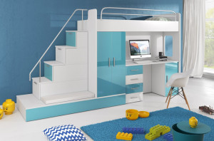 SISTEM MODULAR PENTRU CAMERA COPII ALB/TURCOAZ RAJ5 KM DESIGN MODERN