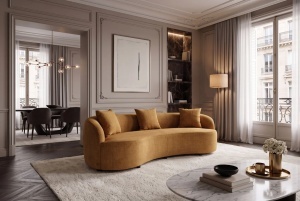 SOFA DEOSEBITA ATELIER 3 LOCURI 230CM, REALIZATA DIN LEMN MASIV SI CATIFEA, CULOARE GALBEN MUSTAR, INVICTA INTERIOR