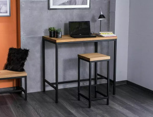 STOC!!! MASA DE BAR METRO, 110 CM, STEJAR/NEGRU, BLAT DIN FURNIR NATURAL SI PICIOARE DIN METAL, STIL MODERN - Img 2