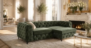 TABURET CHESTERFIELD 95CM, DIN LEMN SI TEXTIL CATIFEA, CULOARE VERDE, INVICTA INTERIOR - Img 4
