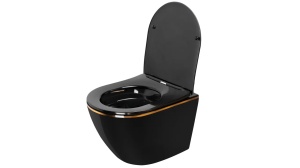 VAS DE TOALETA SUSPENDAT REA CARLO MINI RIMLESS DUROPLAST FLAT EDGE, NEGRU/AURIU, DIN CERAMICA, CALITATE SUPERIOARA - Img 3