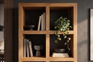 BIBLIOTECA LIVING MAKASSAR 180CM, 8 COMPARTIMENTE, REALIZATA DIN LEMN DE MANGO, CULOARE MARO NATUR - Img 3