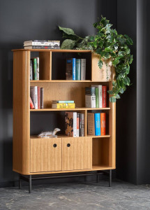 BIBLIOTECA SMART REG-2, STEJAR NATURAL/NEGRU, 153 CM, DIN MDF FURNIRUIT SI METAL, STIL VINTAGE - Img 1
