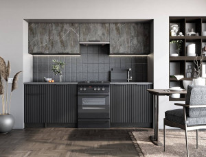 BUCATARIE TAMARA, 240 CM, CU ASPECT DE MARMURA GRI/NEGRU, DIN MDF, STIL MODERN - Img 1
