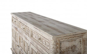 BUFET 175CM, ALB ANTICHIZAT, DIN LEMN DE MANGO, SCULPTAT MANUAL CU TREI USI - Img 4
