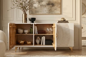 BUFET LIVING GOLDEN SUNSET 140CM, REALIZAT DIN LEMN DE MANGO, DE CULOARE ALB/AURIU, MODEL 3D, ARTIM GROUP - Img 3