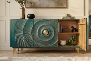 BUFET LIVING GOLDEN SUNSET 140CM, REALIZAT DIN LEMN DE MANGO, DE CULOARE TURCOAZ/AURIU, MODEL 3D, ARTIM GROUP - Img 7