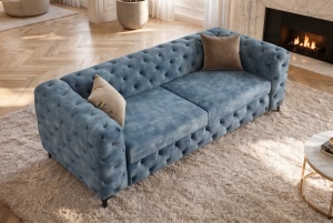 CANAPEA ELEGANTA CHESTERFIELD 235CM, DIN LEMN SI TEXTIL CATIFEA, CULOARE ALBASTRU, INVICTA INTERIOR - Img 2