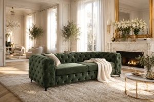 CANAPEA ELEGANTA CHESTERFIELD 235CM, DIN LEMN SI TEXTIL CATIFEA, CULOARE VERDE INCHIS, INVICTA INTERIOR - Img 11